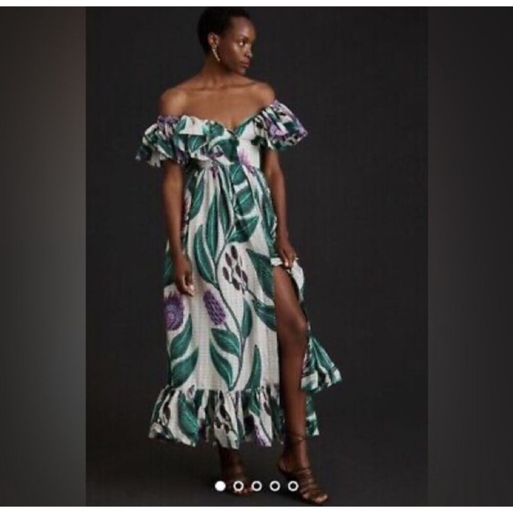 SIKA x Anthropologie Ruffled Off Shoulder Printed Long Maxi Dress Gown 0 - Picture 2 of 8